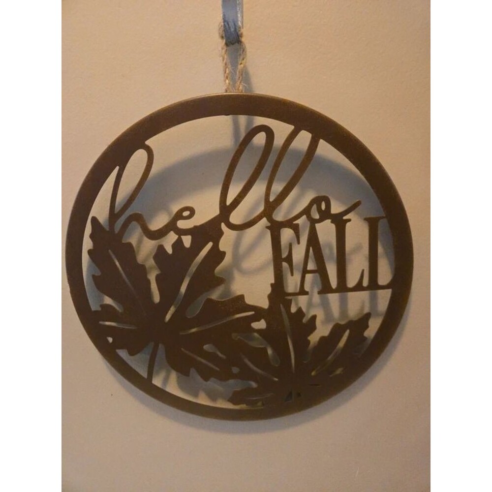 Hello Fall Metal Wall Hanging Maple Leaf Round Autumn Decor Door Sign